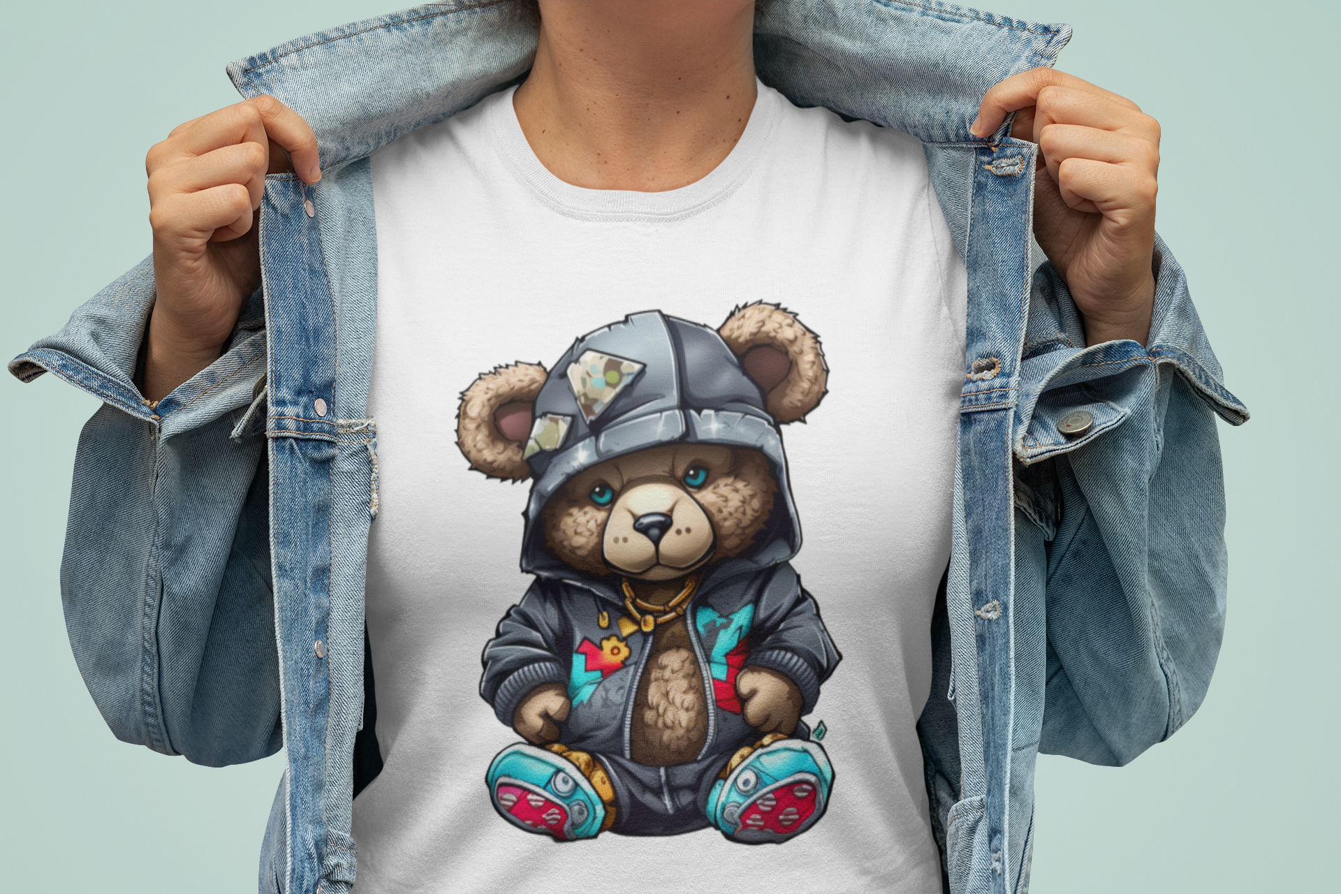 mockup-of-a-woman-showing-off-her-crewneck-t-shirt-33939 Tricou Army Bear - Image 1