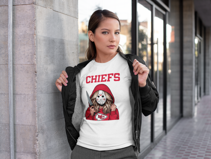 mockup-of-a-woman-showing-off-the-t-shirt-under-her-bomber-jacket-28213 Tricou Chiefs - Image 1
